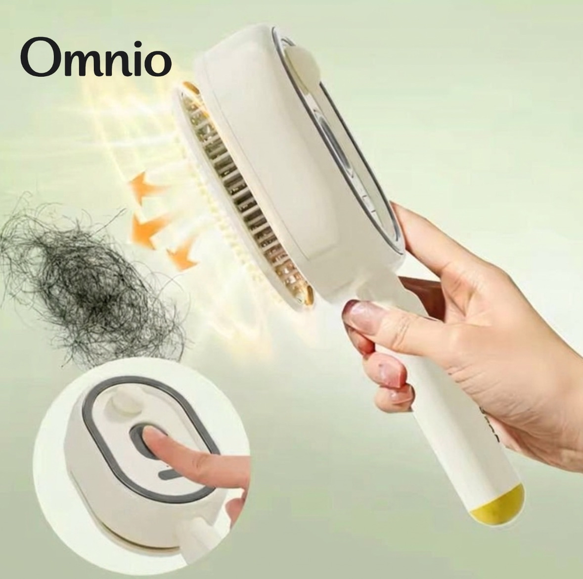 One-press self-cleaning bristles releasing trapped hair
